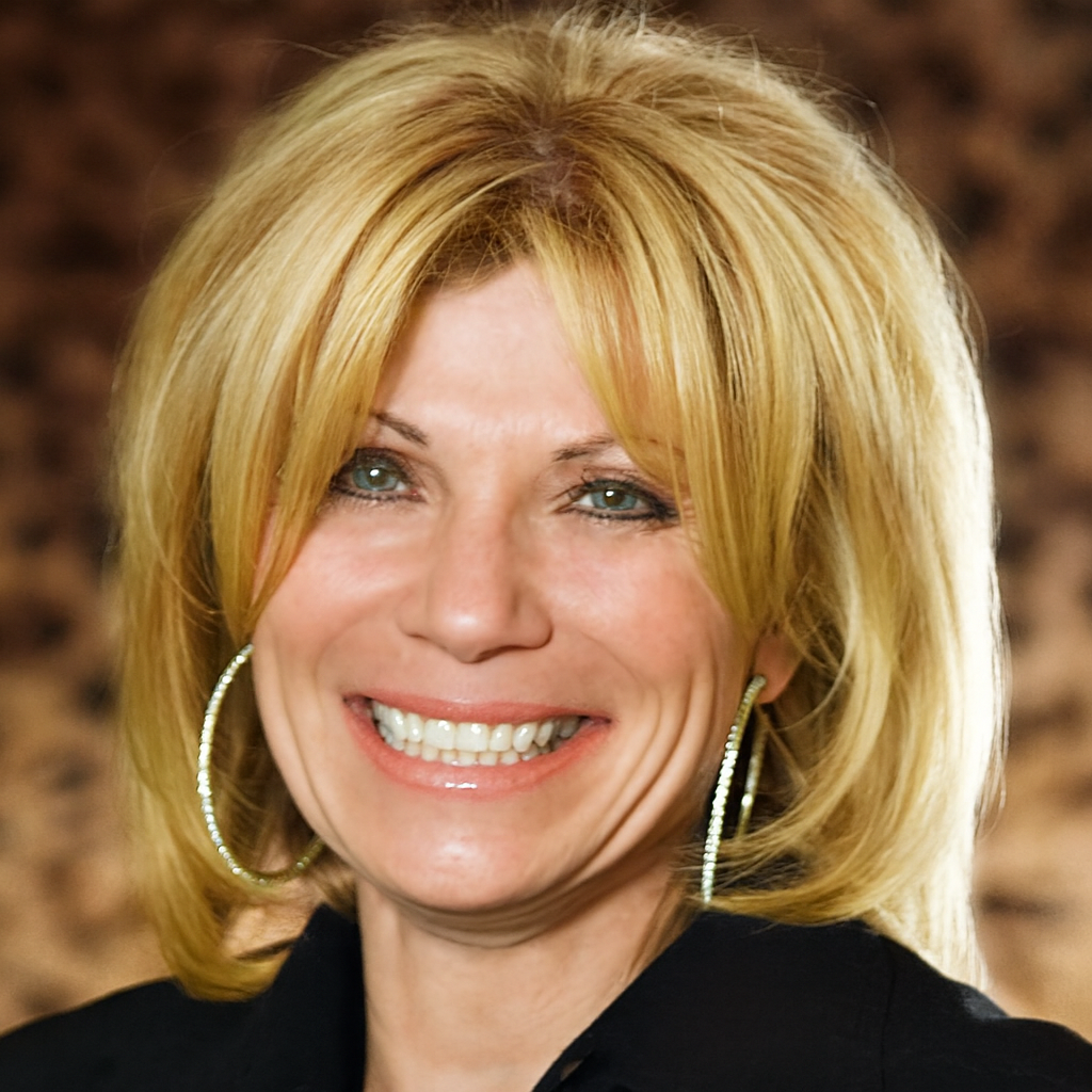 A woman with blonde hair smiling, wearing hoop earrings, and a black top.