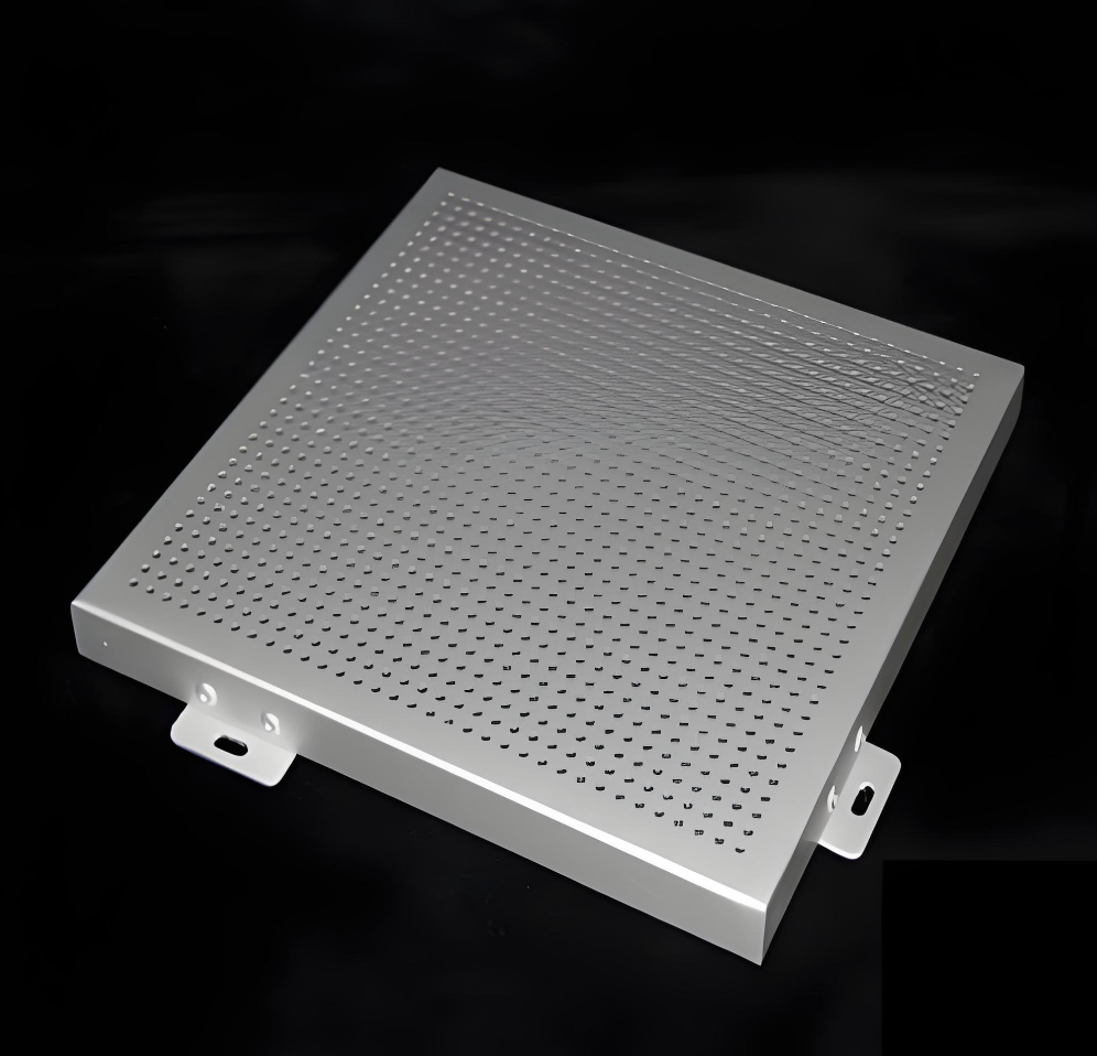 A white perforated square metal or plastic panel with mounting brackets on two sides, set against a black background.