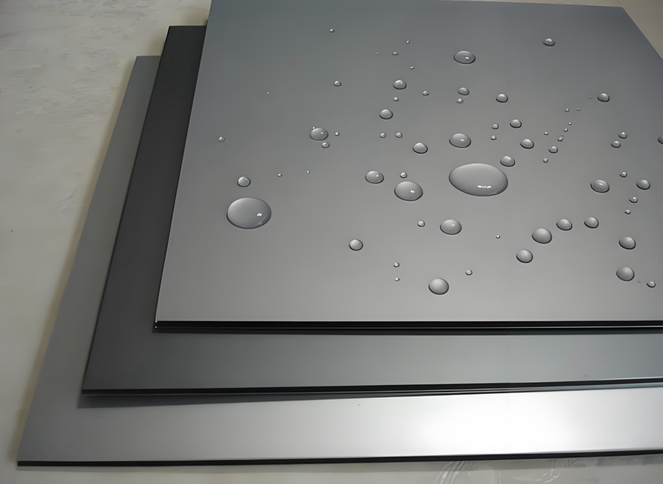 Three stacked sheets of metal or plastic with water droplets on the top sheet.