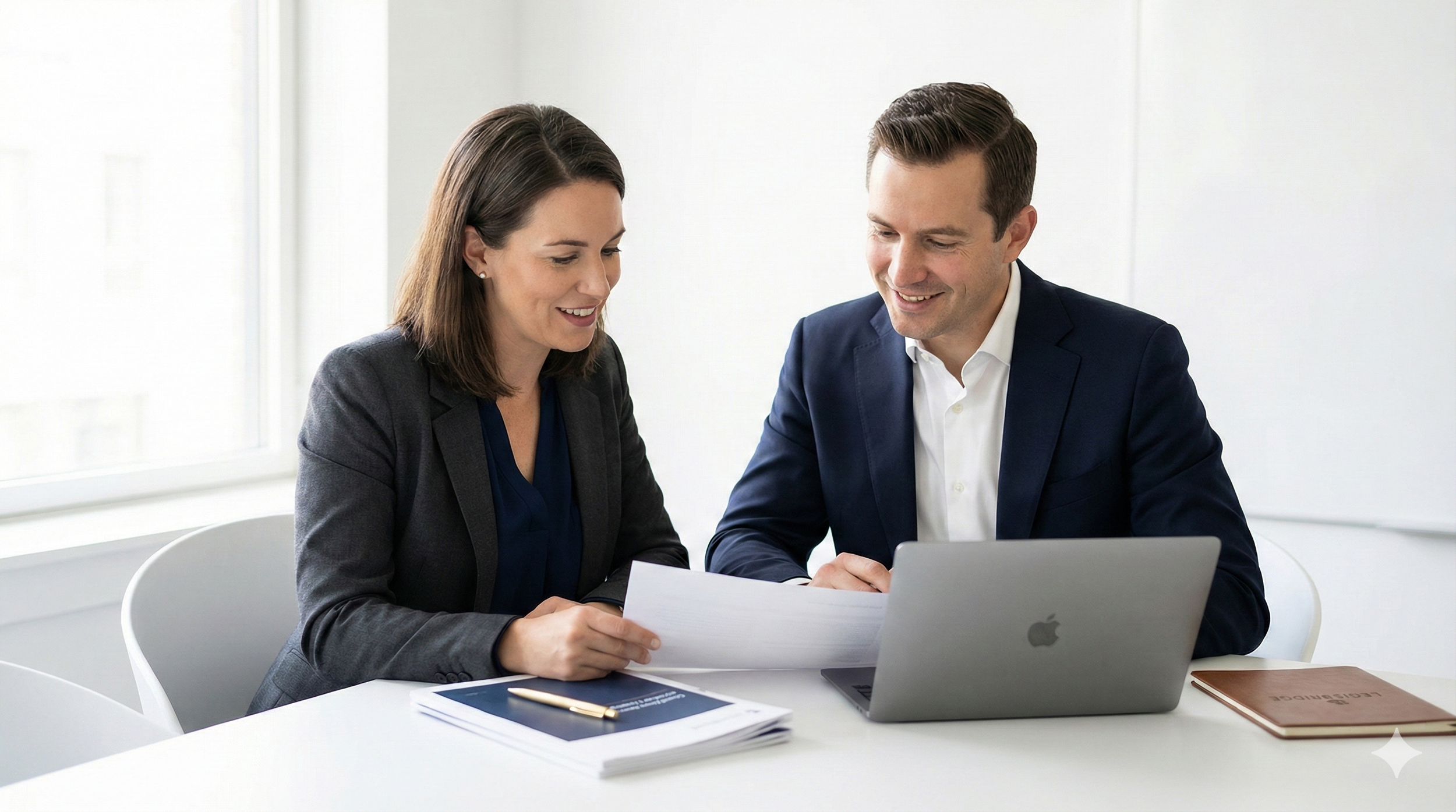 A man and woman in business attire sitting at a white table, looking at documents together, with a laptop open in front of them in a bright, modern office.