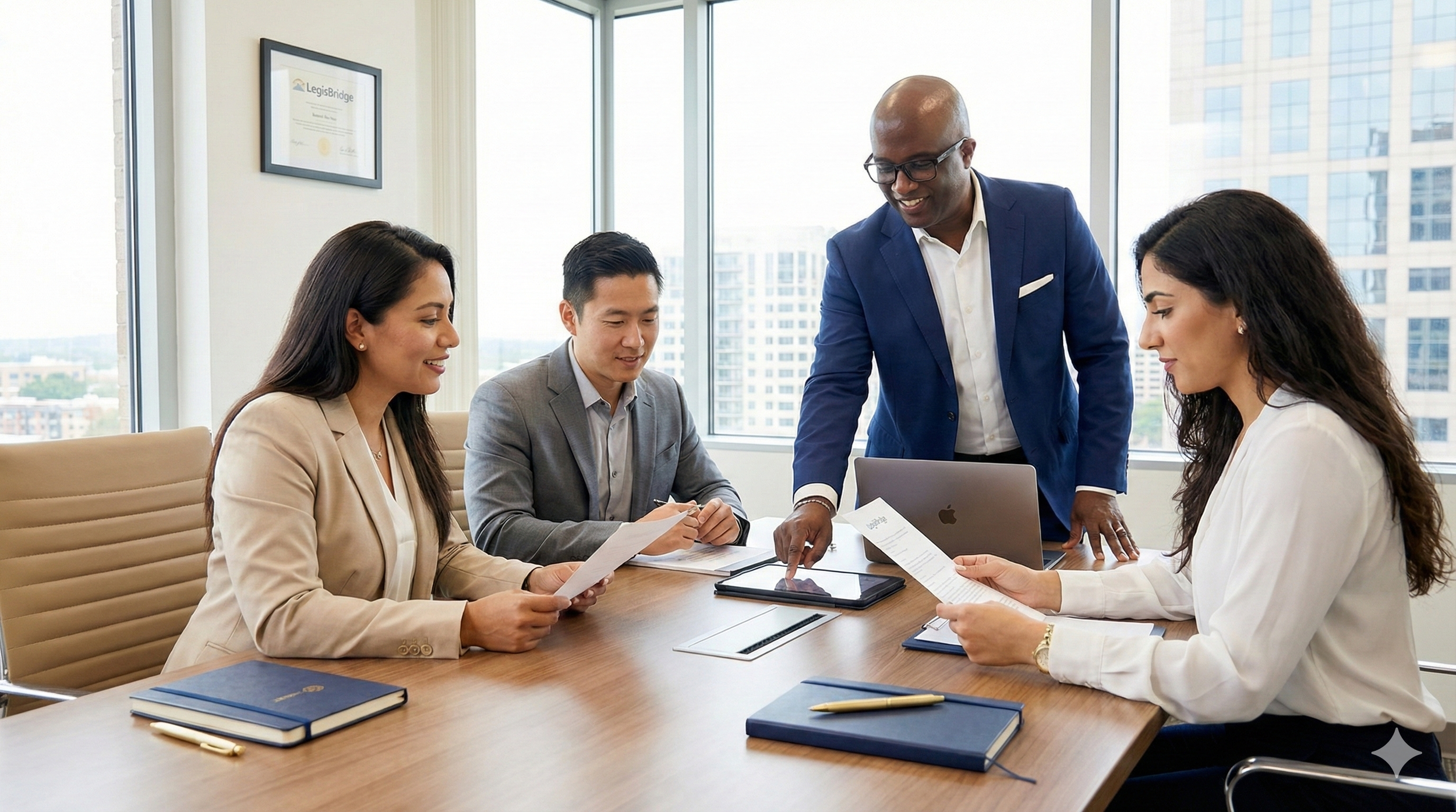 A diverse group of five professionals in business attire having a meeting around a table in a modern office with large windows and city buildings in the background.