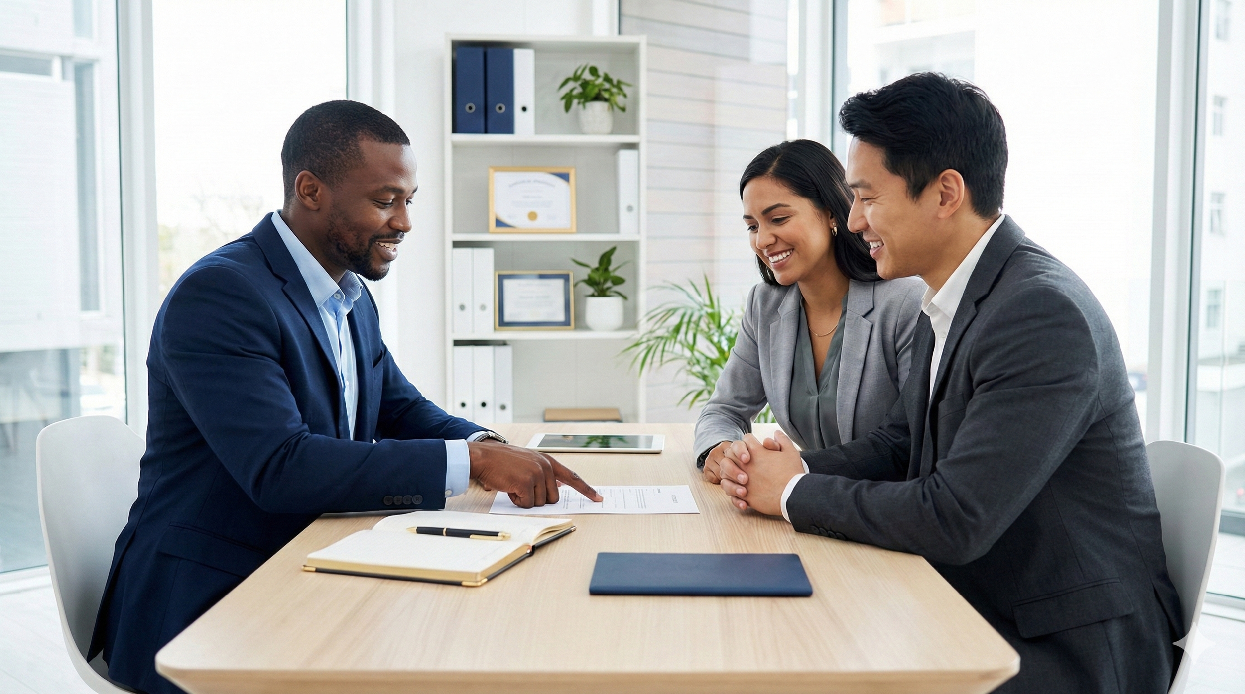 Three people at a business meeting, two men and one woman, sitting at a table with documents, smiling. One man is pointing at a document.