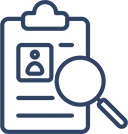 A clipboard with a person's photo and details, accompanied by a magnifying glass icon