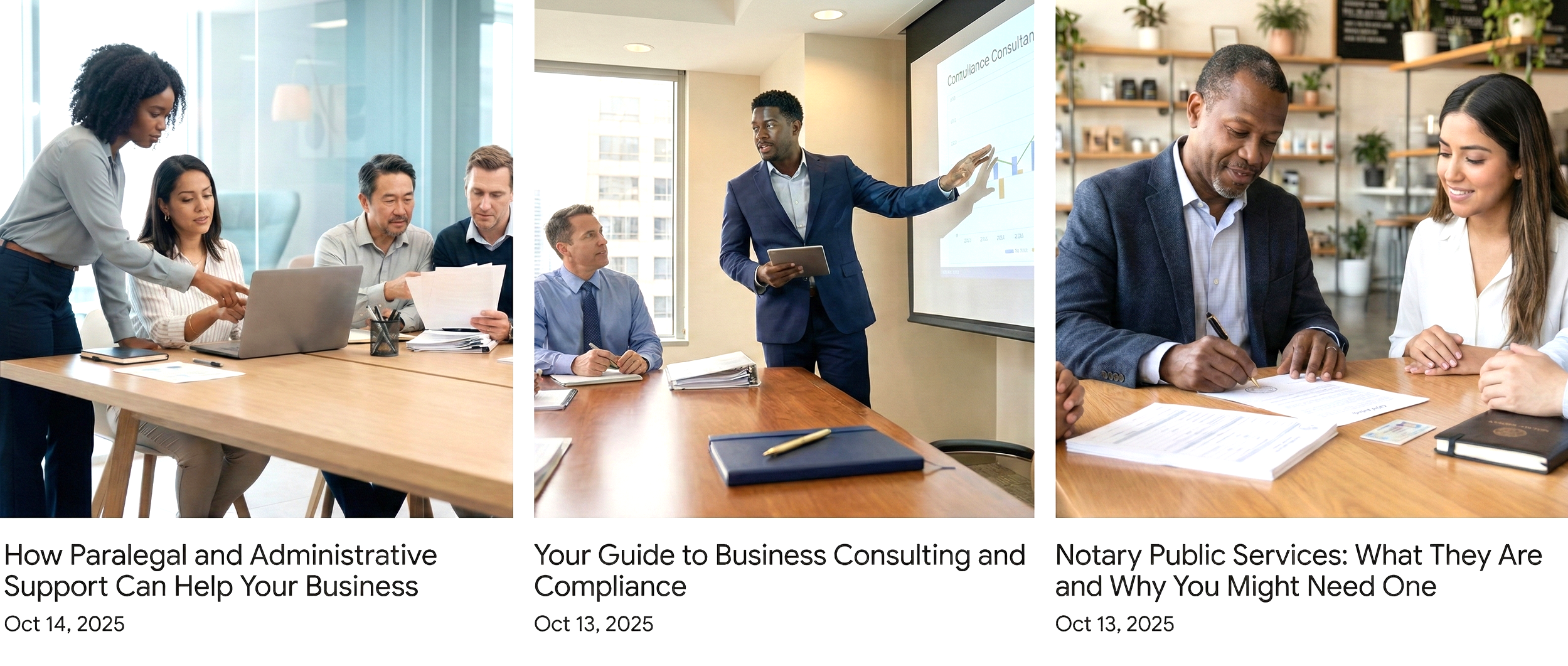 Three images of business meetings and presentations. The first shows a diverse group of four people at a table, discussing documents and a laptop in a modern office. The second features a man in a suit presenting information on a large screen to an audience in a conference room. The third depicts a man and a woman signing documents at a table in a cozy, well-lit workspace.
