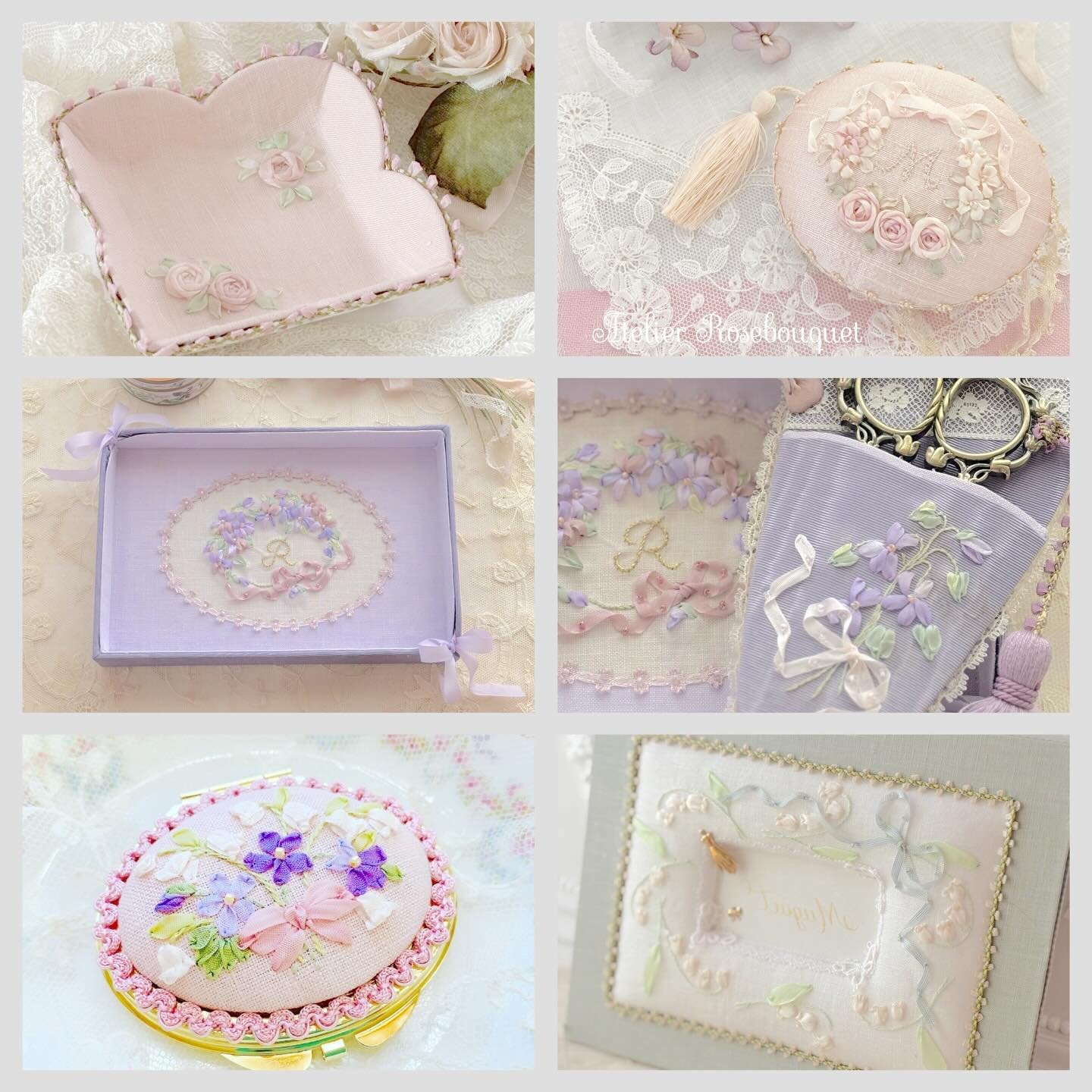 【ローズブーケ｜サロンレッスンのご案内】

花のリボン刺繍のサロンレッスン 
― ローズ・スミレ・スズラン ―

私のサロンレッスンでは、花のリボン刺繍を中心に作品づくりをしていただいています。

最初のコースは、ローズ・スミレ・スズランのシリーズ。 
それぞれの花をテーマに、3つの作品を作りながら進むコースです。

まず「刺繍の回」で花の刺繍を楽しみ、 
その後「カルトナージュ（お仕立て）の回」で 
刺繍を作品の形に仕立てていきます。

ひとつの作品は 
刺繍の回と仕立ての回の2回で完成し、 