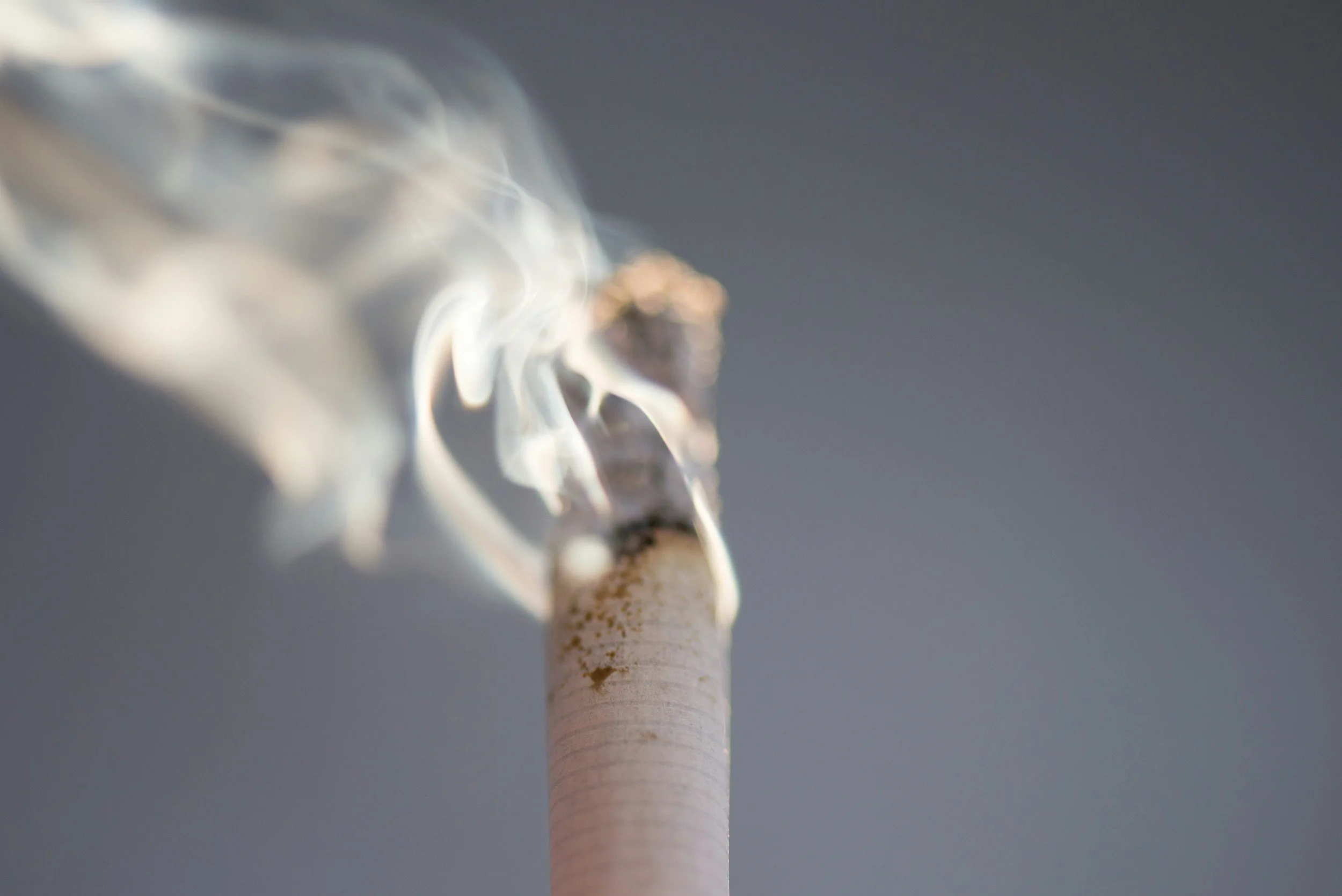 Close-up of a lit cigarette with smoke rising upward against a gray background.