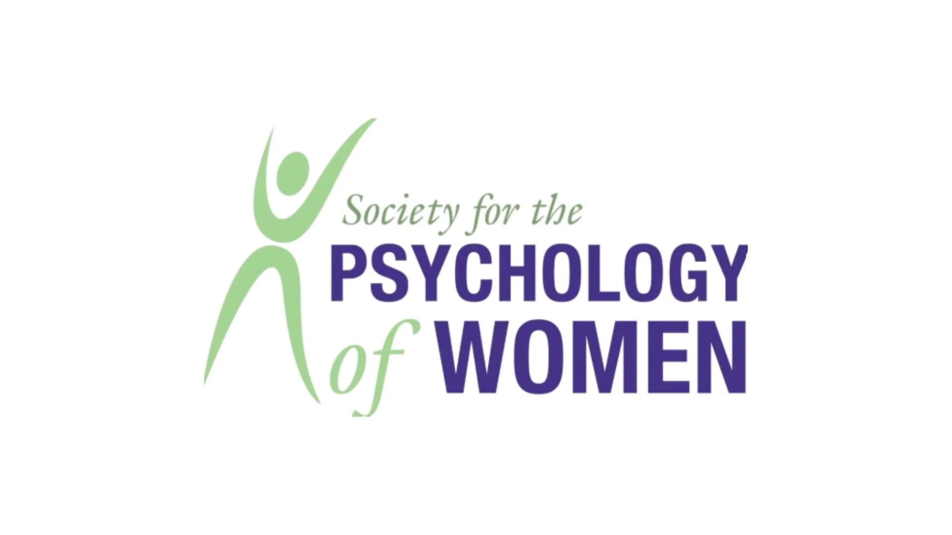 Logo of Society for the Psychology of Women, featuring a stylized green human figure with arms raised, with the organization's name in green and purple text.