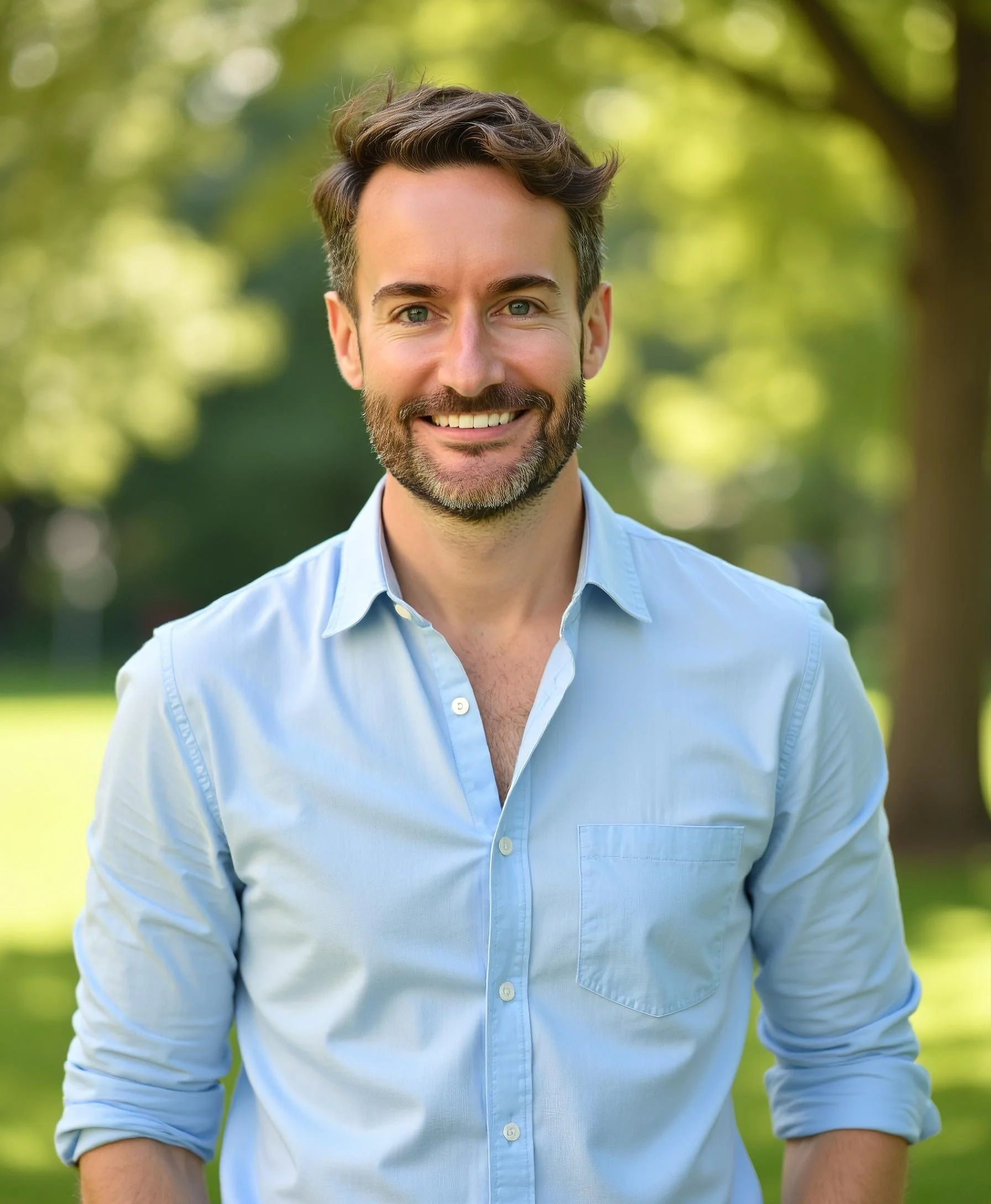 Smiling man with brown hair and beard wearing a light blue button-up shirt, standing outdoors in a park with green trees in the background.