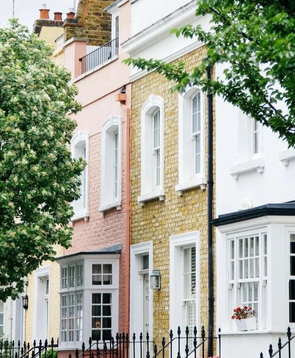 Colorful row of Victorian-style townhouses with bay windows, white trim, and brick facades in pink, yellow, and white, with trees and a black iron fence in front.