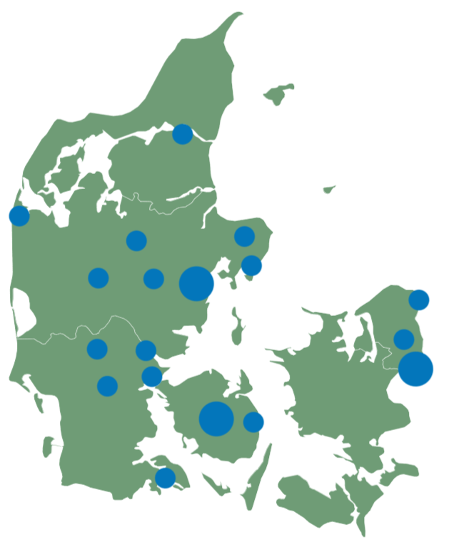 Kort der viser hvor i Danmark BOLIQ administrerer ejendomme og boligforeninger