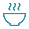 A simple line drawing of a steaming bowl.