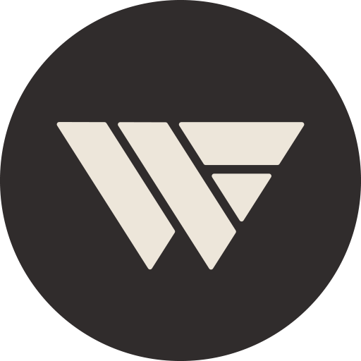 A black circular background with a white geometric logo featuring three angular shapes forming a stylized letter 'W' or 'V'.