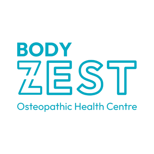 Logo for Body Zezt Osteopathic Health Centre with stylized text in blue on a black background.
