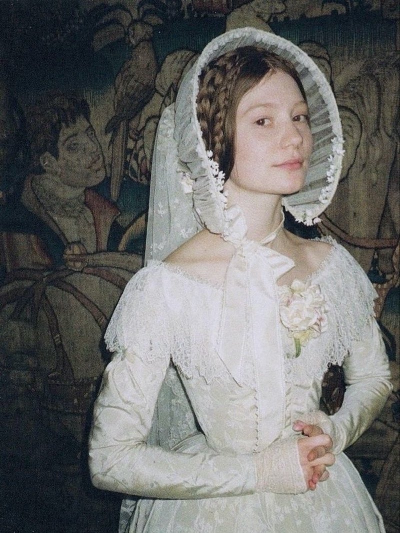 Mia Wasikowska on set of Jane Eyre, wearing Victorian wedding dress