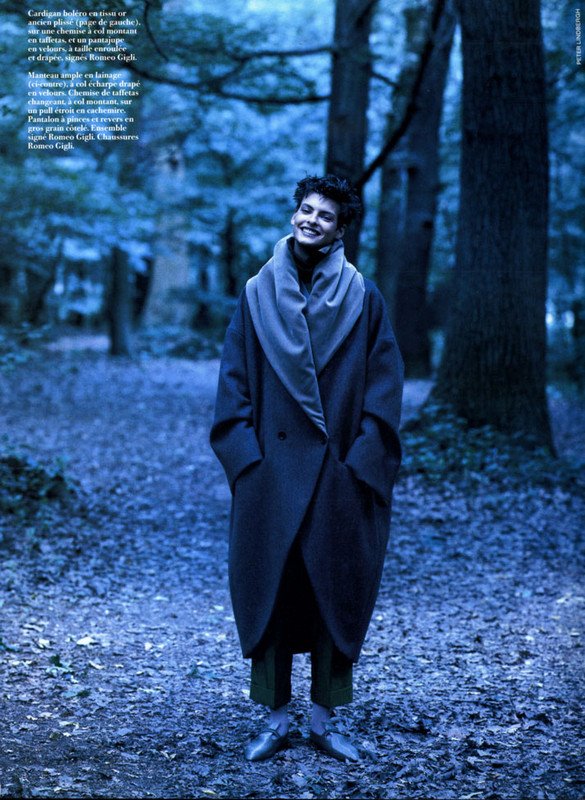 Linda Evangelista in Romeo Gigli coat, by Peter Lindbergh for Vogue Paris, August 1989