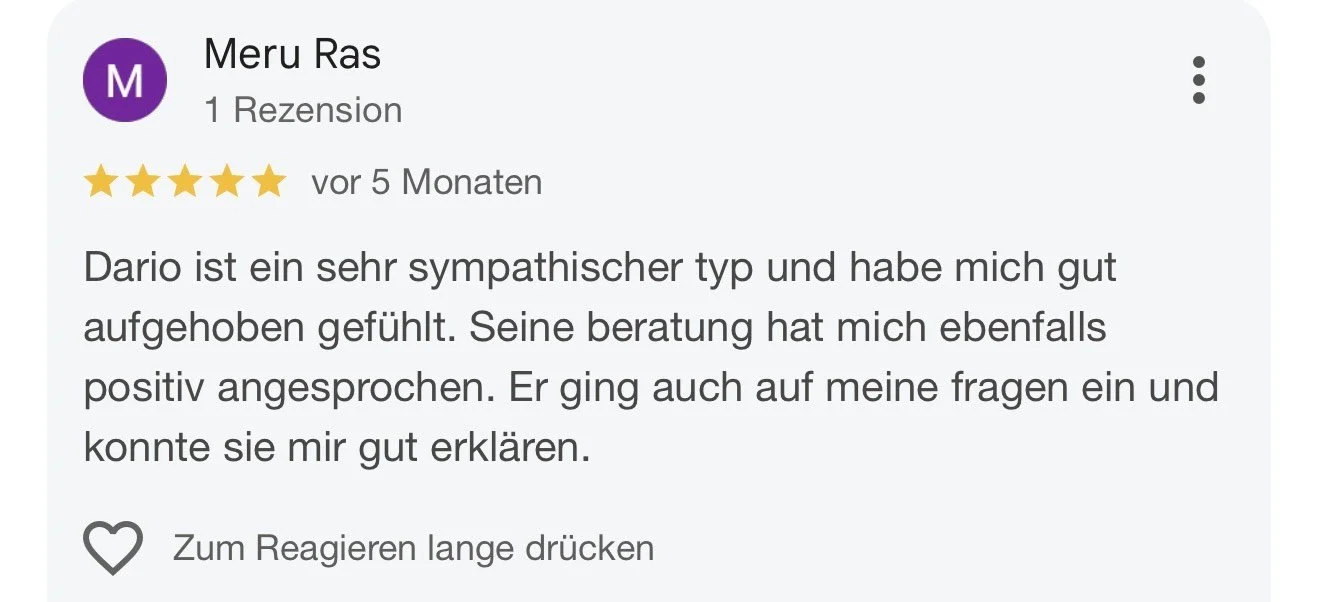 Screenshot einer Google-Bewertung für eine Person namens Meru Ras, die vor 5 Monaten geschrieben wurde. Der Text lobt Dario als sympathischen Berater, der gute Unterstützung bietet und gut erklärt.