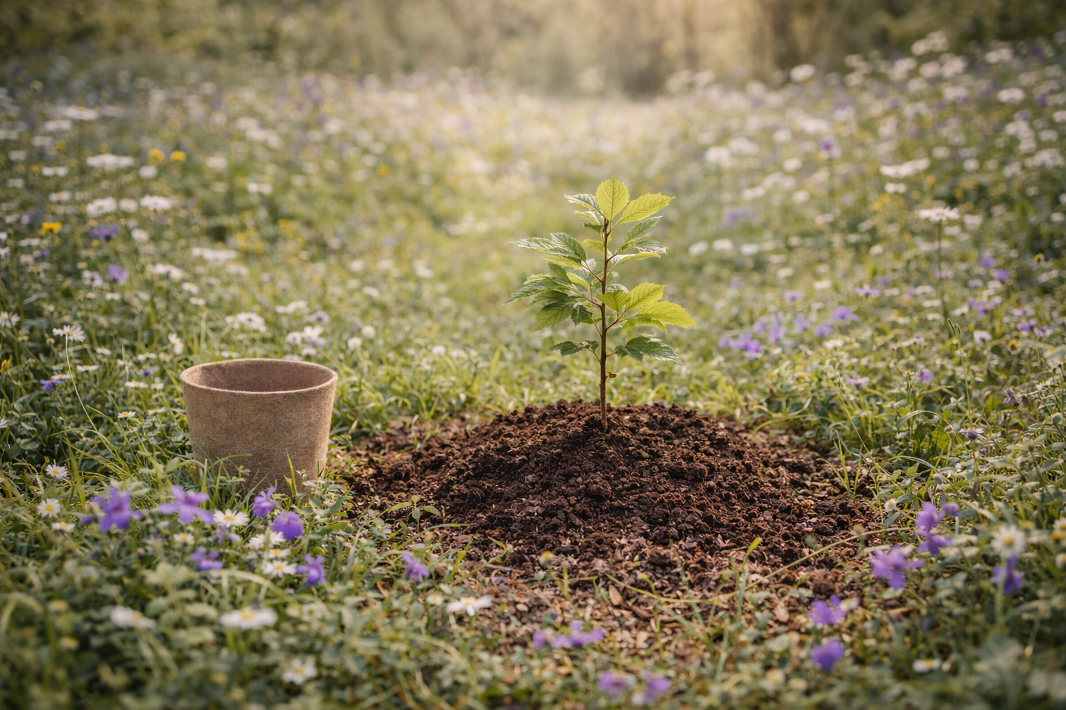 Junge Pflanze wächst in Erde, umgeben von Blumen und Gräsern, mit leerem Blumentopf daneben, bei Sonnenaufgang im Freien.