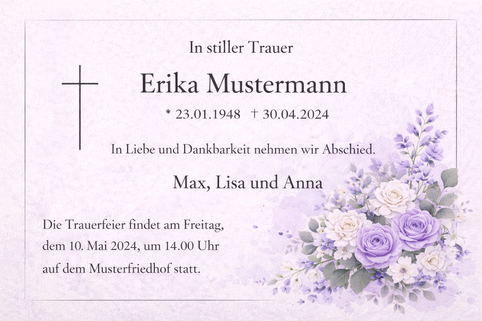Traueranzeige mit Lilien und Rosen in lavendelfarben, Kreuz auf der linken Seite, Text in Schwarz auf hellviolettem Hintergrund.