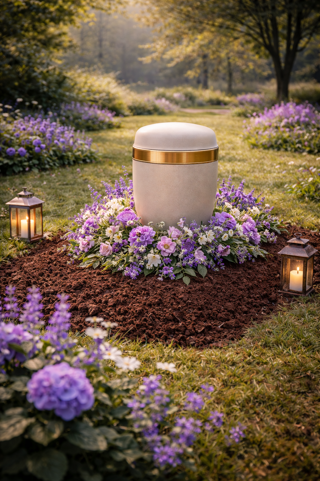 Ein Grab mit einer weißen Urne, umgeben von bunten Blumen und vier Laternen mit Kerzen in einem Garten während des Sonnenuntergangs.