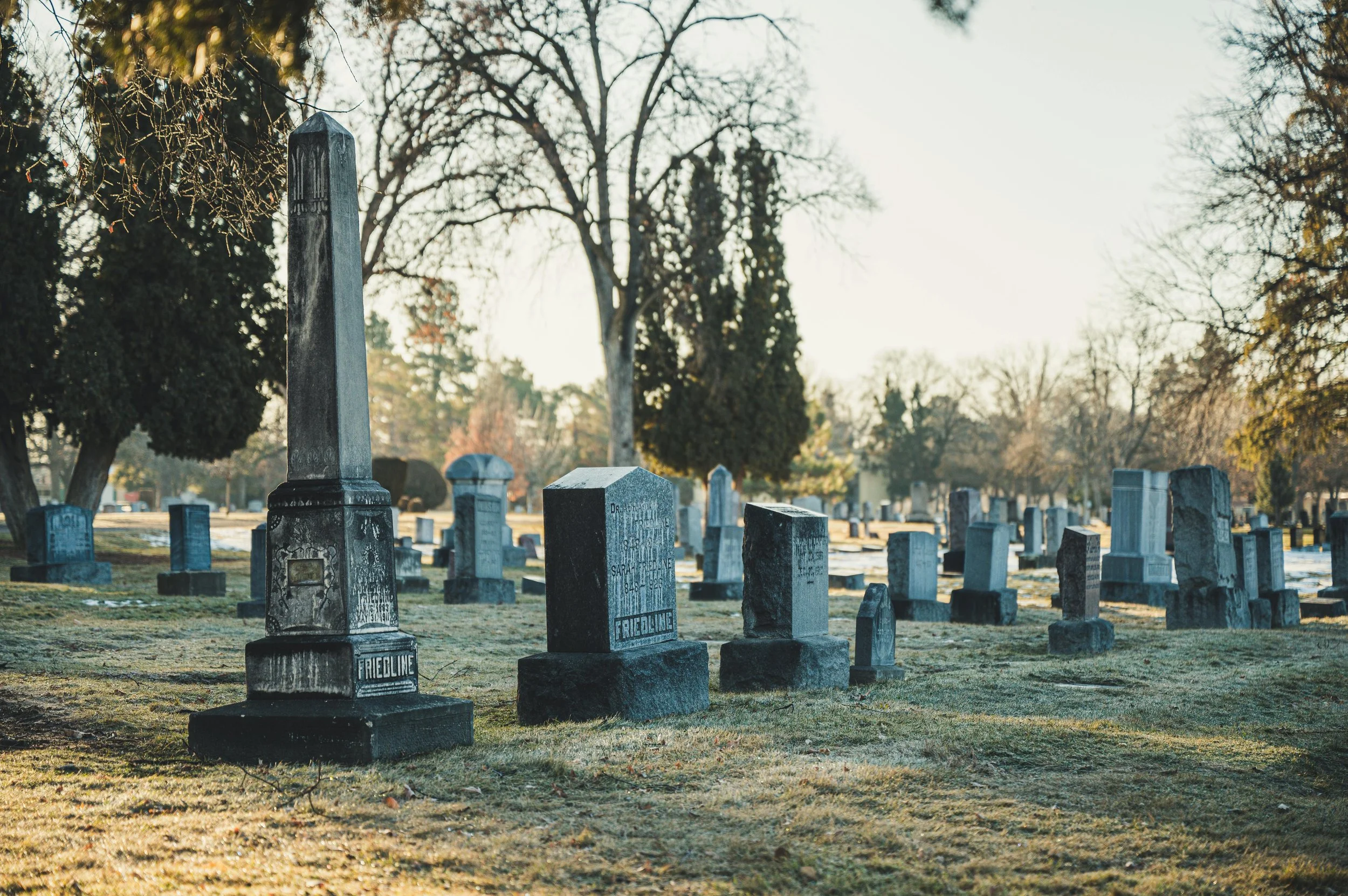 Ein Friedhof mit mehreren Grabsteinen, einige sind alt und abgenutzt, während andere moderner aussehen. Bäume stehen im Hintergrund, und es ist wahrscheinlich Herbst, da die Bäume kahle Äste haben.