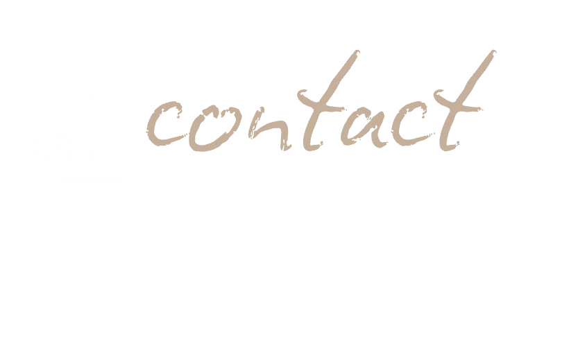 A black and white graphic featuring text encouraging sharing personal movements and connections, with a logo that says 'Lost Keys contact'.