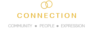 Logo with two interlocking gold rings above the word 'CONNECTION' in gold, and the words 'COMMUNITY,' 'PEOPLE,' and 'EXPRESSION' below separated by dots, all on a black background.