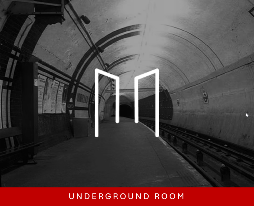 Empty subway station platform with a curved tunnel, signs, and track on the right, black and white photo with a red banner labeled 'Underground Room' at the bottom.