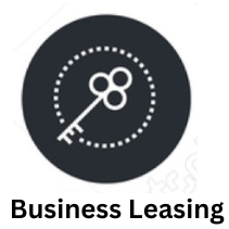 Business leasing icon featuring a key and a dotted circular arrow