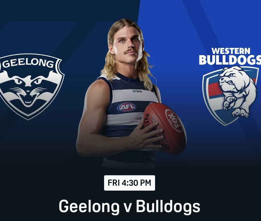 Promotional graphic for an AFL football game between Geelong and Western Bulldogs, featuring a player holding a football, with team logos and game time at 4:30 PM on Friday.