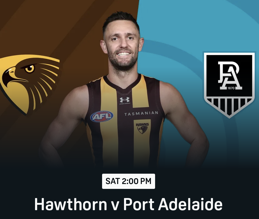 A man in a black and yellow sports jersey stands in front of a background with logos of Hawthorn Football Club and Port Adelaide Football Club, advertising an Australian Football League game between Hawthorn and Port Adelaide on Saturday at 2:00 PM.