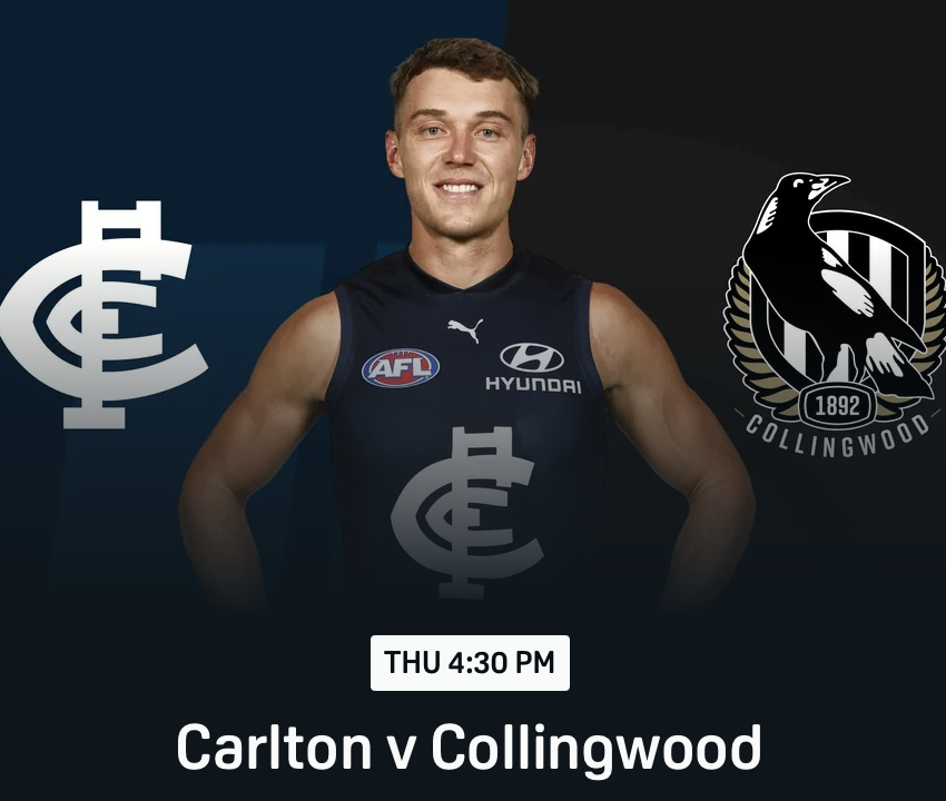 A smiling male athlete wearing a navy sleeveless sports jersey with logos including AFL, Hyundai, and Puma, standing in front of a dark background with the Carlton and Collingwood logos on either side, advertising a game between Carlton and Collingwood scheduled for Thursday at 4:30 PM.