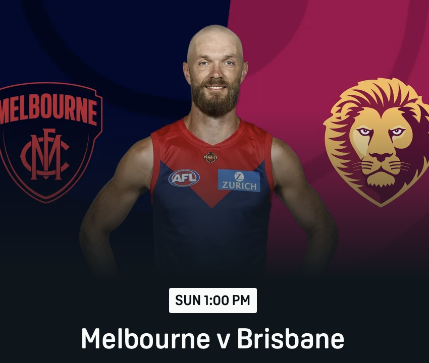 Promotional graphic for an Australian Football League match between Melbourne and Brisbane, featuring a male player in a Melbourne jersey, with the Melbourne and Brisbane team logos in the background, and the match scheduled for Sunday at 1:00 PM.