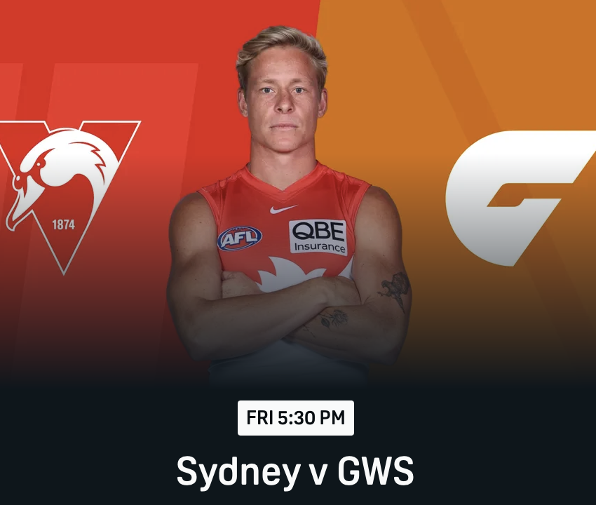 An athlete in a red sleeveless sports jersey with sponsor logos, standing with arms crossed. The background features the Sydney Swans logo on the left and the GWS Giants logo on the right, with a schedule showing Friday at 5:30 PM and a matchup between Sydney and GWS.
