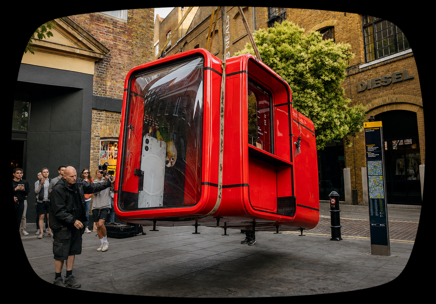 A red pod-like structure is being displayed outdoors in an urban area with brick buildings. Several people are gathered around, some taking photos. The structure appears to be suspended above the ground, and there is a digital map and a sign nearby.