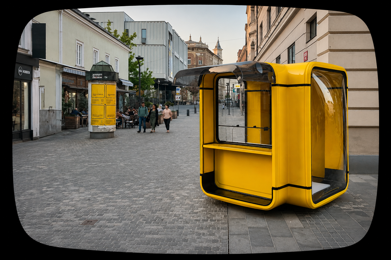 Bright yellow modern telephone booth on a city street corner in downtown area with pedestrians and outdoor seating.