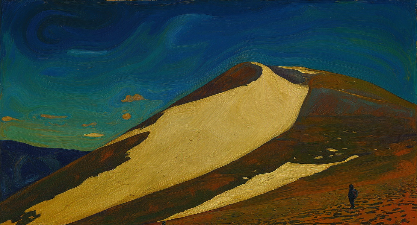 A painting of a mountain with snow patches, a hiker at the bottom, and a swirling blue sky.