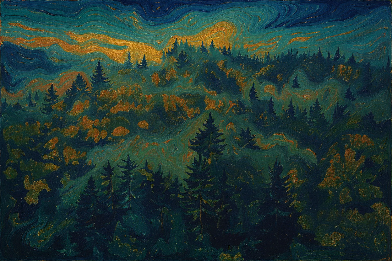 Nighttime landscape painting of a dense forest with mountains and swirling sky, reminiscent of Van Gogh's style.