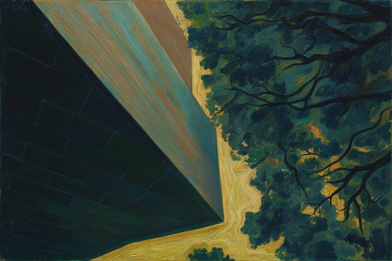 A painting from a worm's-eye view of a tall skyscraper with dark bricks, looking up towards the sky, with the branches and leaves of a tree visible on the right side of the image.
