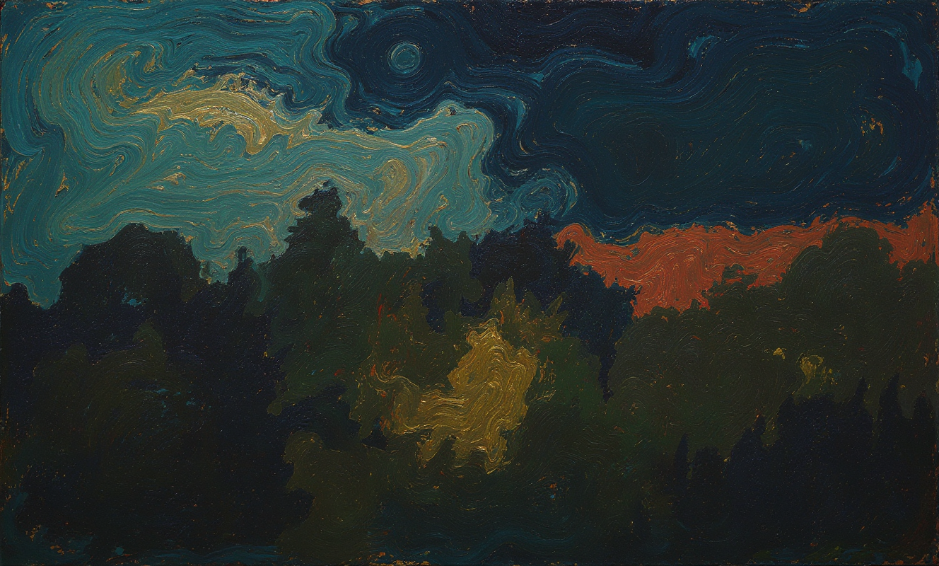 An abstract painting with swirling colors of dark blue, gold, green, and red, resembling a night sky with a landscape below.