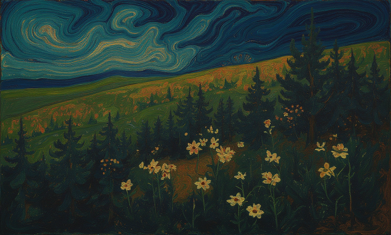 Nighttime landscape painting with swirling sky, dark pine trees, rolling green hills, and white flowers in the foreground.