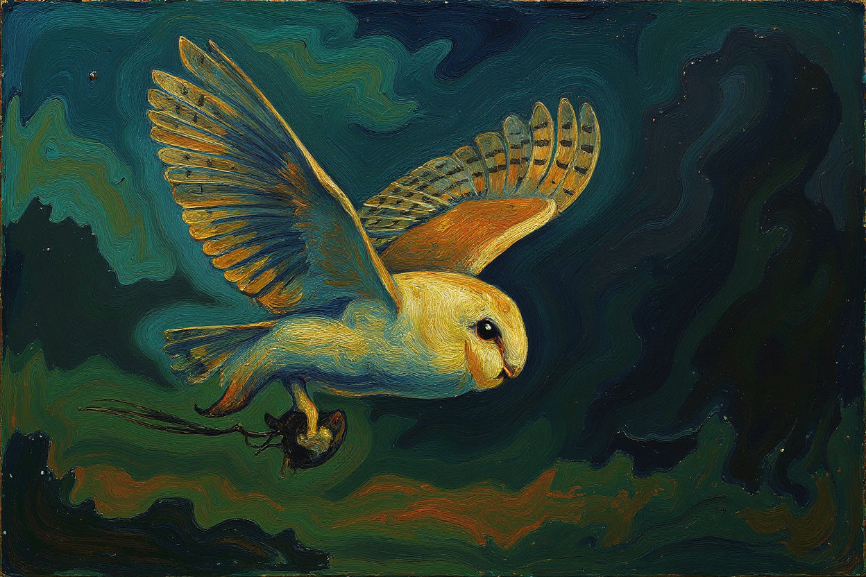Painting of a yellow owl with large wings flying through a dark, swirling sky, holding a small black creature in its talons.