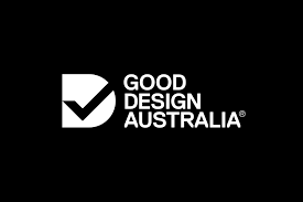 Logo of Good Design Australia with a checkmark inside a square on a black background.