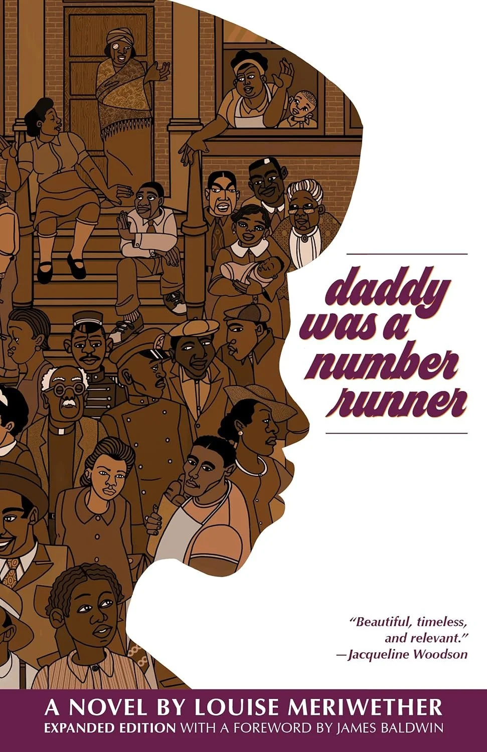 Book cover of "Daddy Was a Number Runner" by Louise Meriwether, featuring a stylized illustration of numerous Black individuals, including women, men, and children, depicted in a warm brown color palette, with a quote from Jacqueline Woodson.