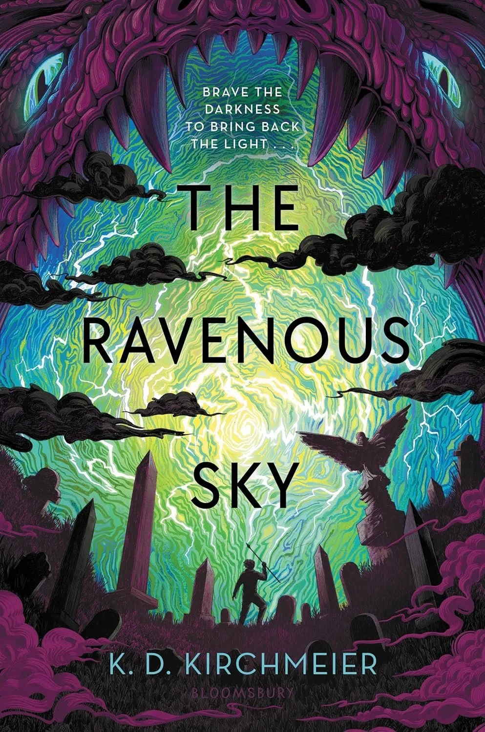 Book cover titled "The Ravonous Sky" by K. D. Kirchmeier showing a person with a fishing pole at the bottom, surrounded by tall dark buildings and gravestones, with a large monstrous eye with purple eyelid at the top, and a vivid, swirling sky filled with lightning and clouds.