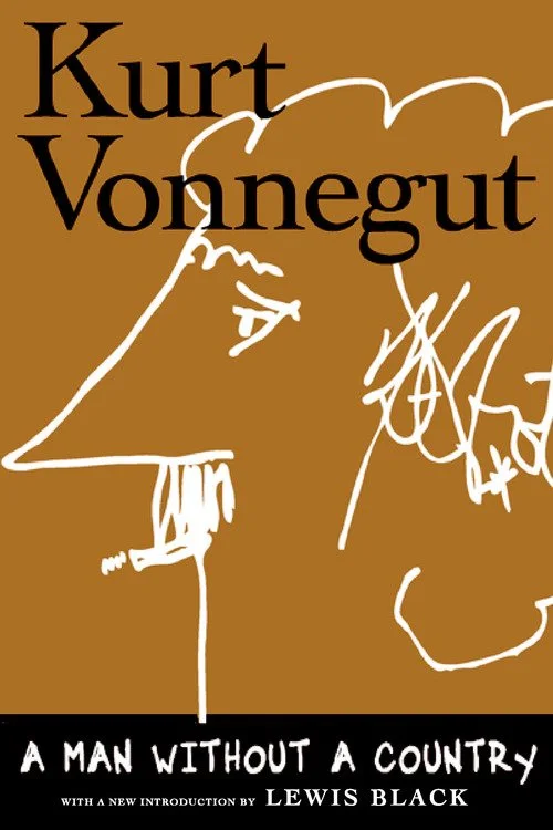 Book cover of "A Man Without a Country" by Kurt Vonnegut, featuring a minimalist line drawing of a person's profile against a brown background.