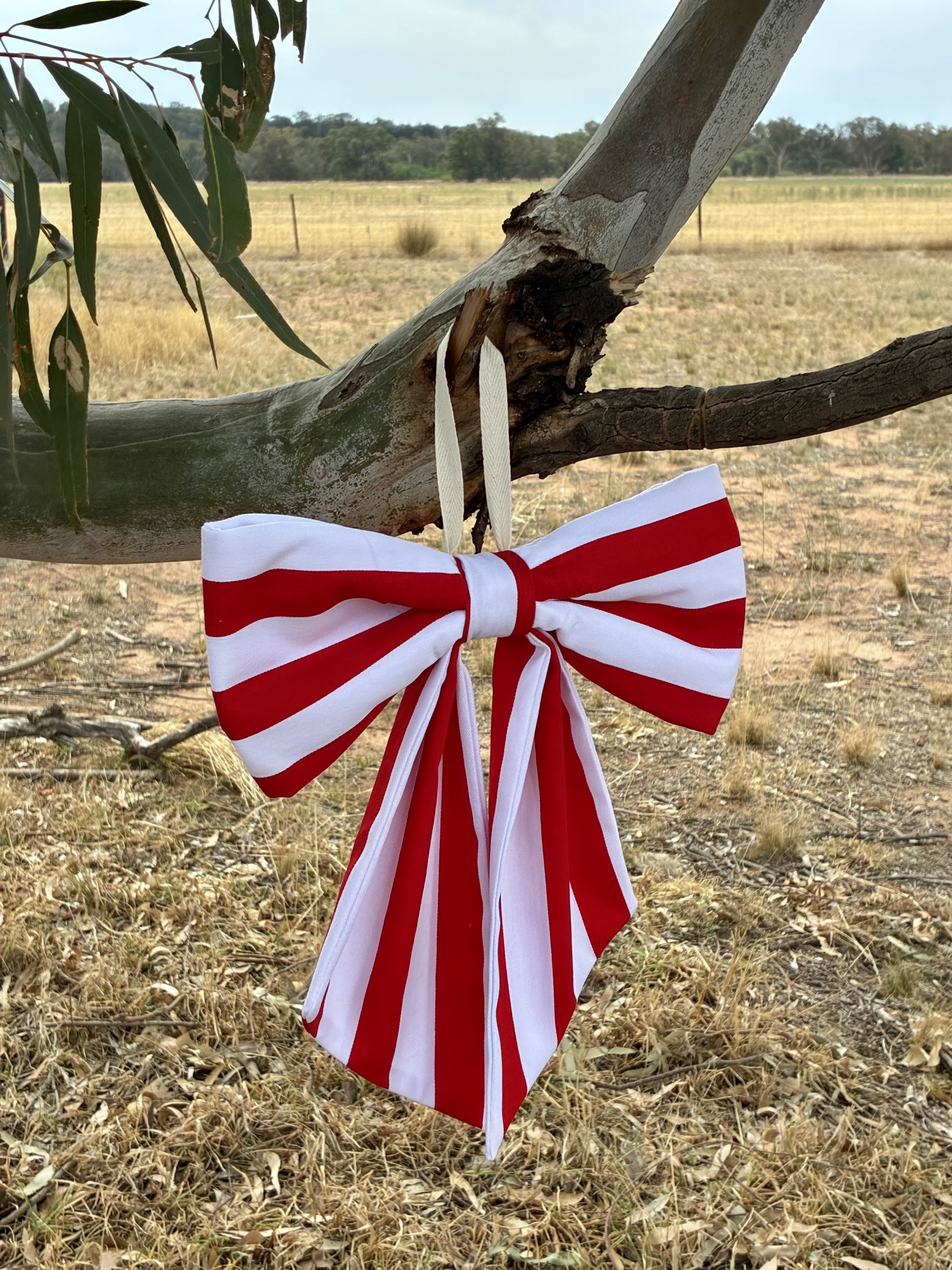 Red and White Stripe Decorative Bow – Medium
