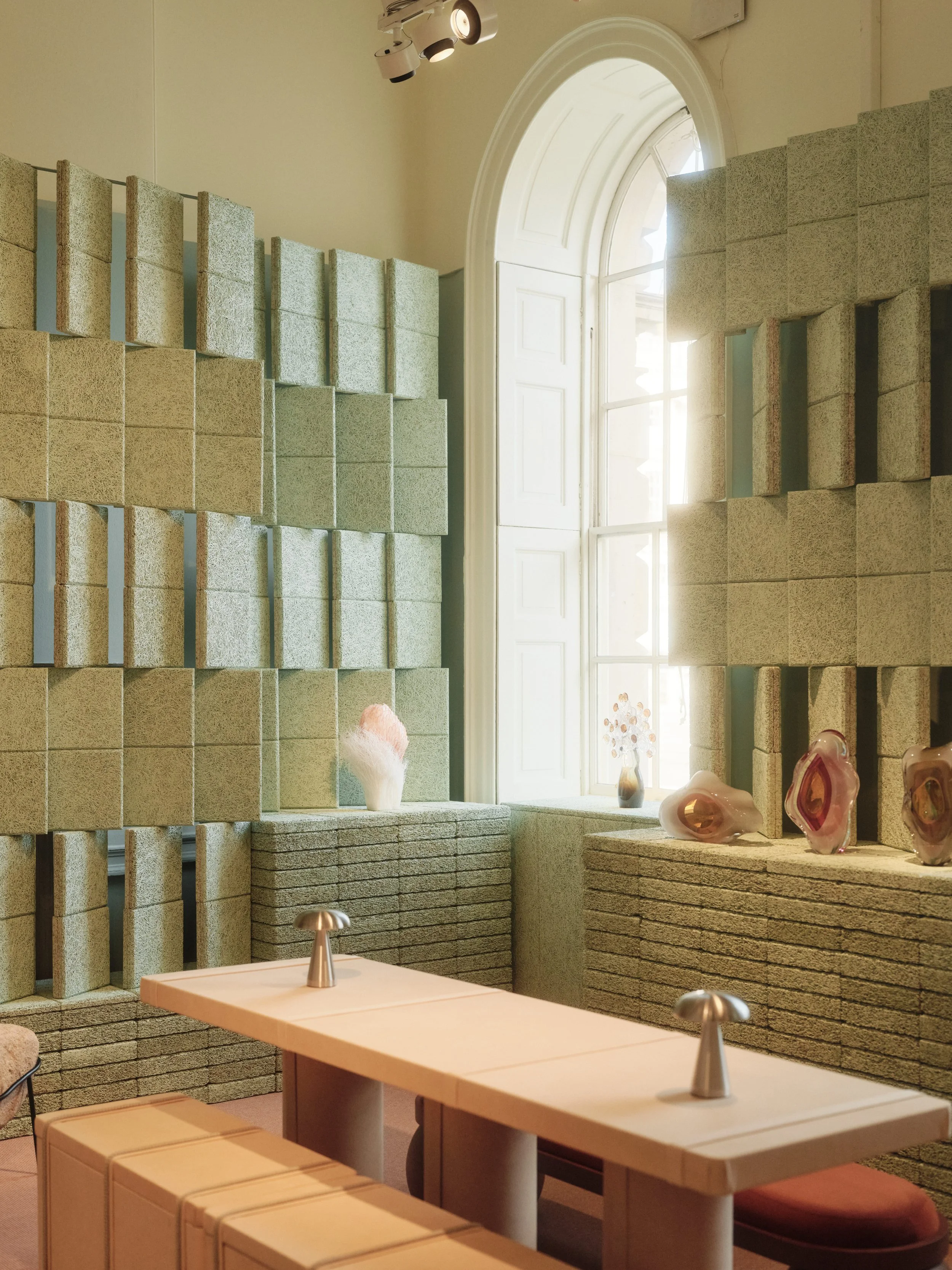 Interior design for Collect Art fair by Tola Ojuolape Studio, photography by Shin Miura, textured green lounge with humble materials used in an elevated manner for the installation design by Tola