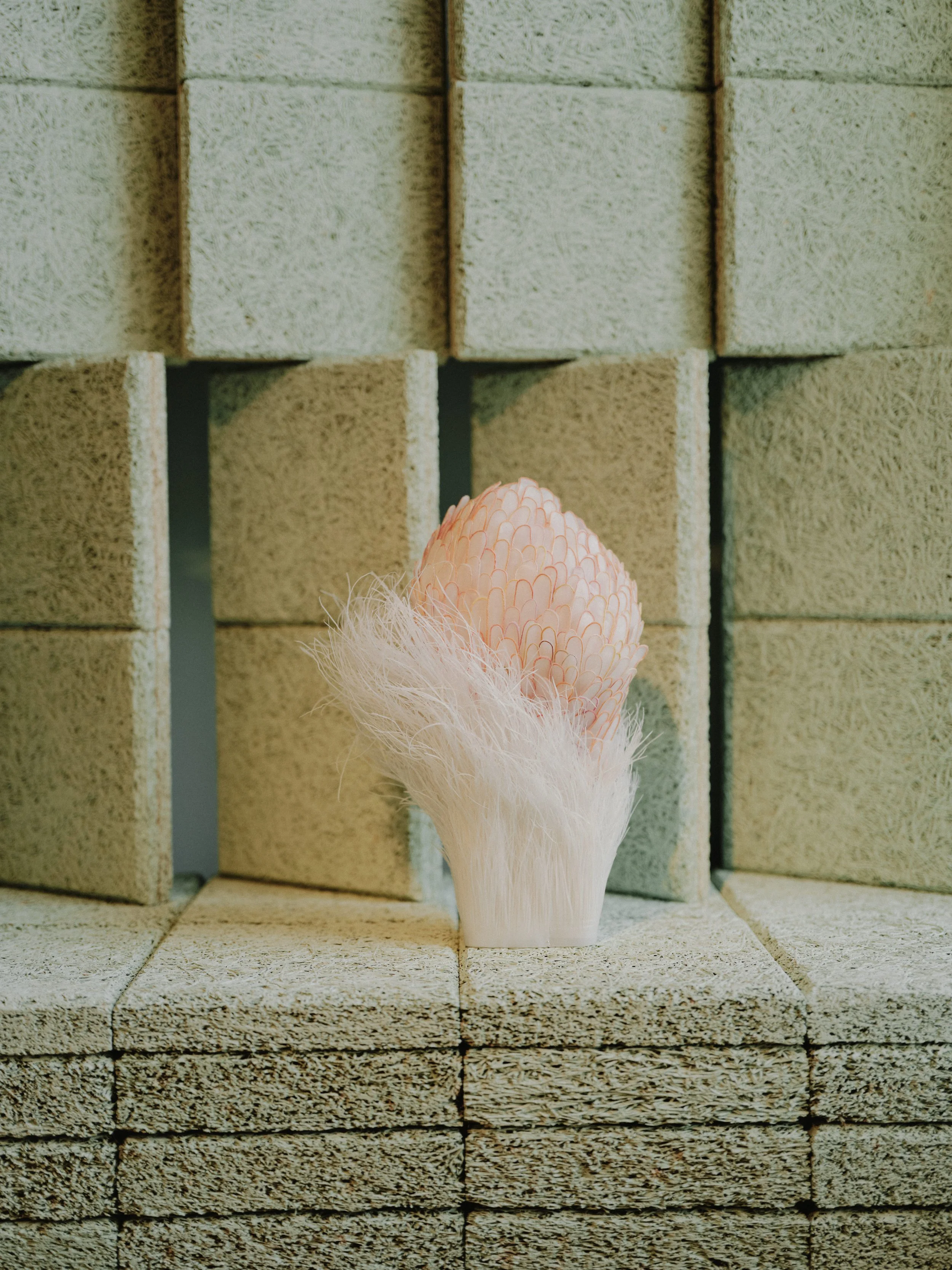 Interior design for Collect Art fair by Tola Ojuolape Studio, photography by Shin Miura, textured green lounge with humble materials used in an elevated manner for the installation design by Tola