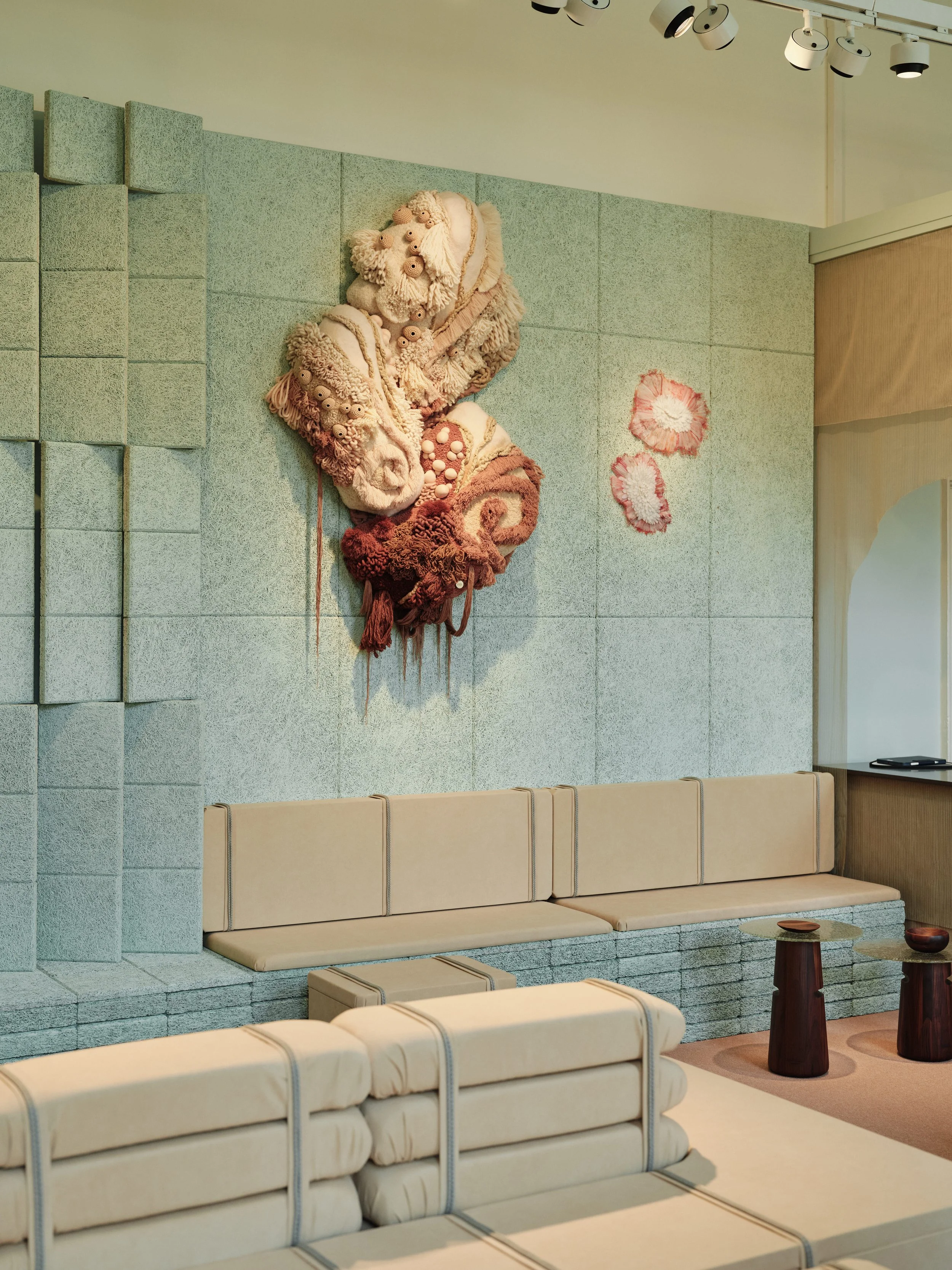 Interior design for Collect Art fair by Tola Ojuolape Studio, photography by Shin Miura, textured green lounge with humble materials used in an elevated manner for the installation design by Tola