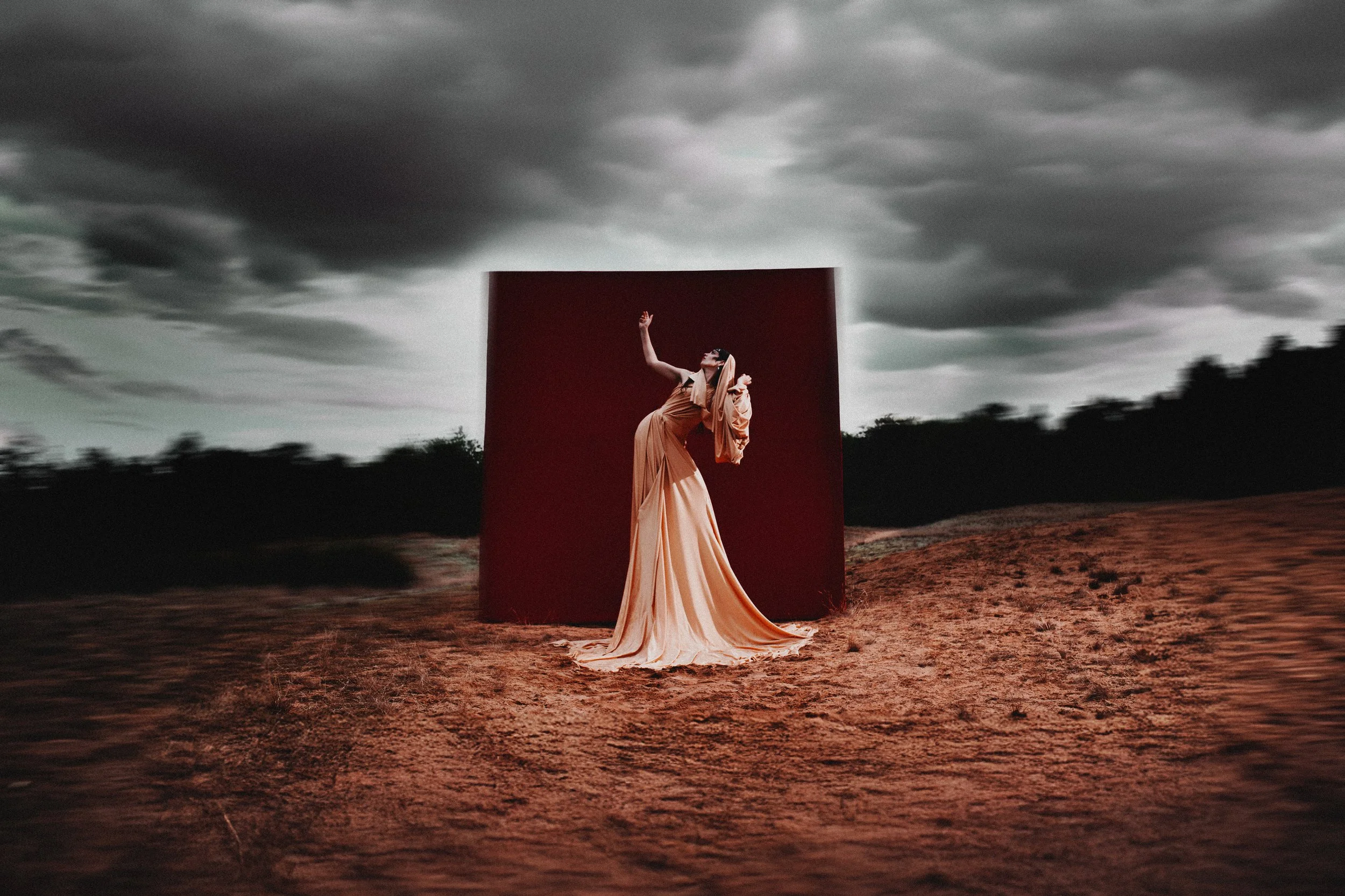 Une femme en robe longue beige pose devant un mur rouge en plein air avec un ciel orageux en arrière-plan.
